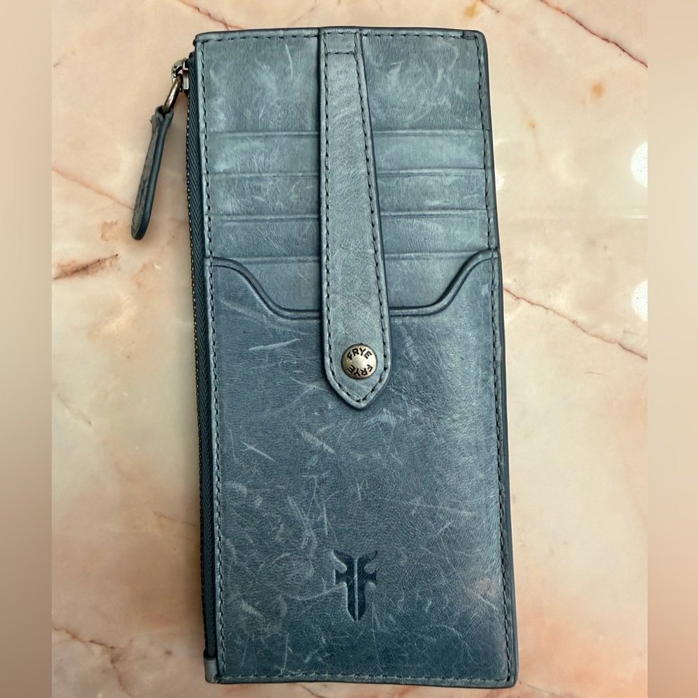 Frye Steel Blue Leather Zip Card Wallet- used condition